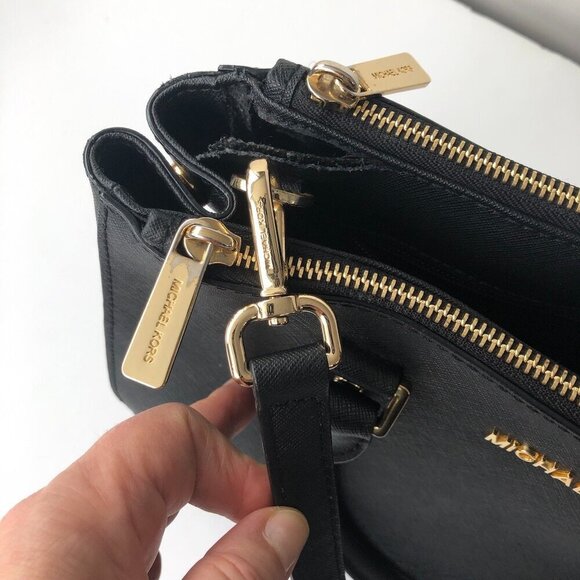 MK MICHAEL KORS SUTTON Saffiano Leather Black Gold Med Handbag 12.5 x 9 x 4" - Picture 14 of 16